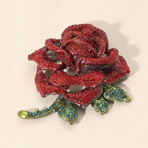Red Rose Rhinestone Crystal 2.8 Inch Bling Green Flower Brooch Pin
